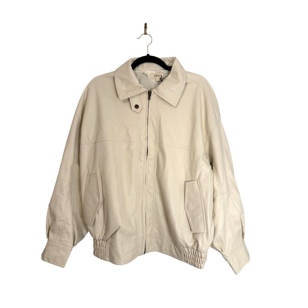 NWT Elan Faux Leather Bomber Jacket Oversized Cream Size L [jb]